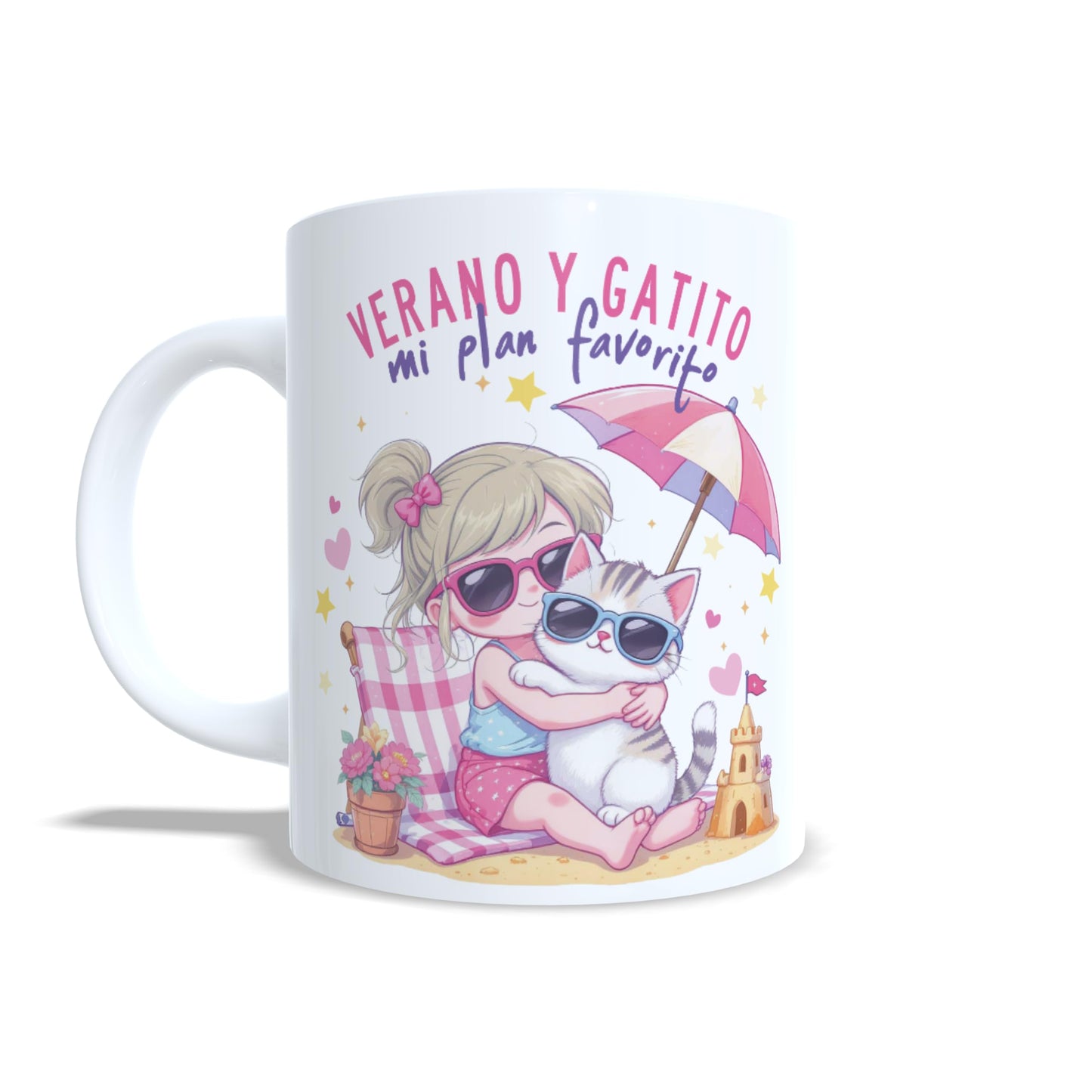 Verano y gatito mi plan favorito - Niña rubia gato - Taza personalizada