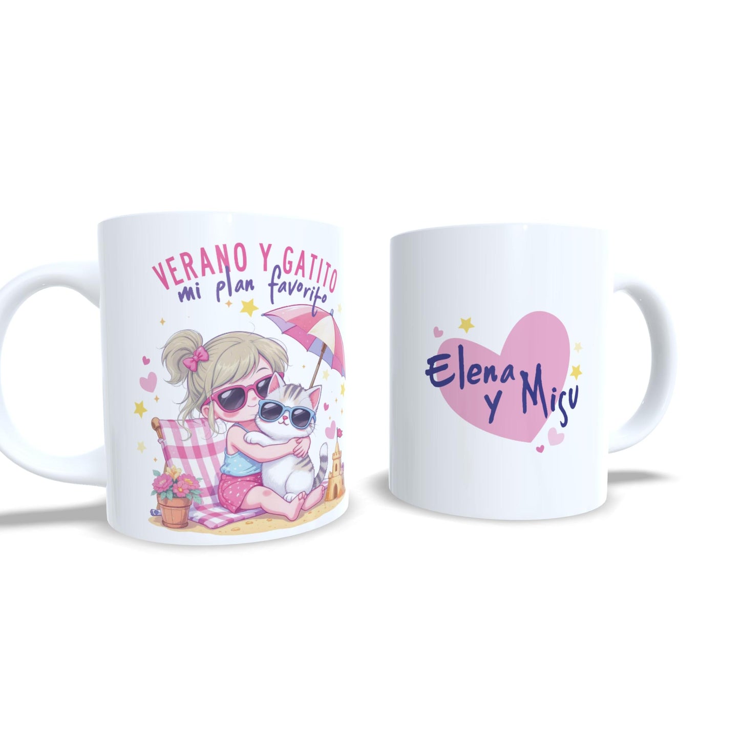 Verano y gatito mi plan favorito - Niña rubia gato - Taza personalizada