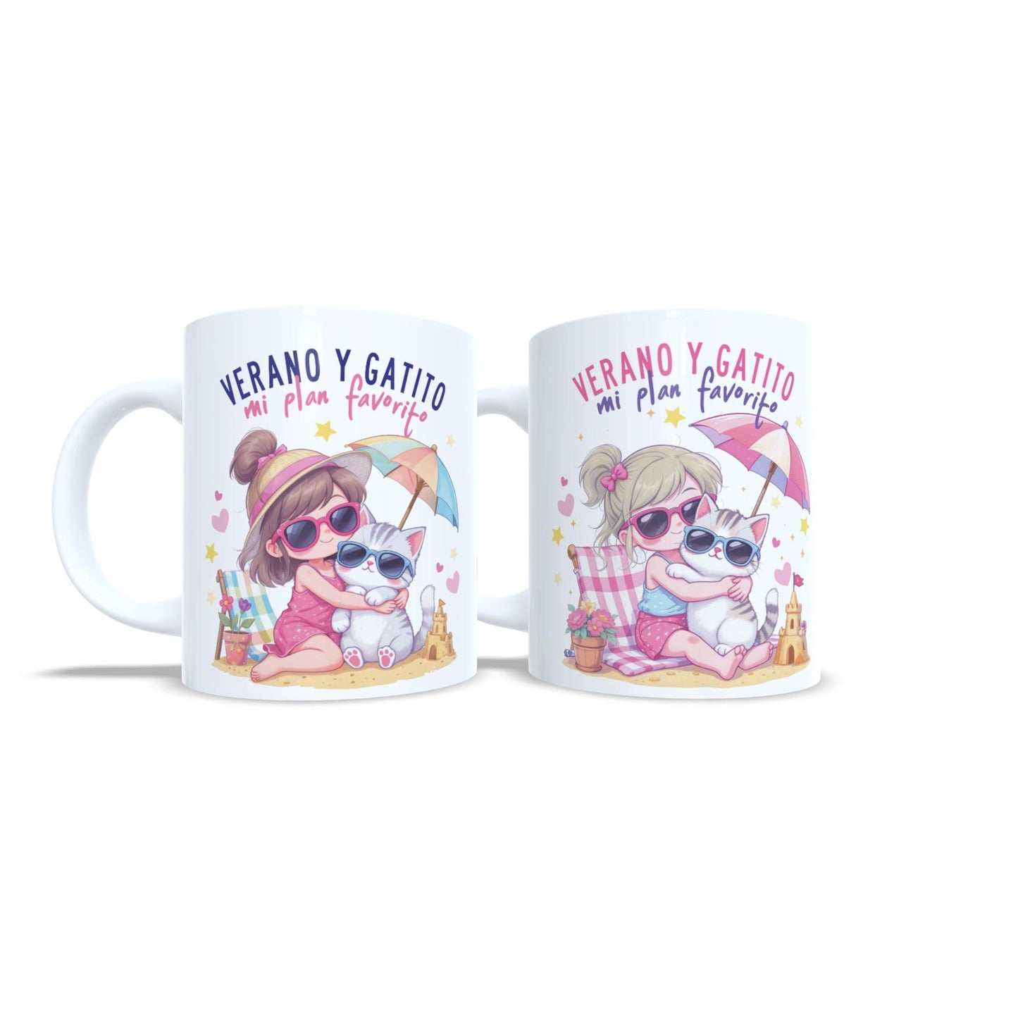 Verano y gatito mi plan favorito - Niña rubia gato - Taza personalizada