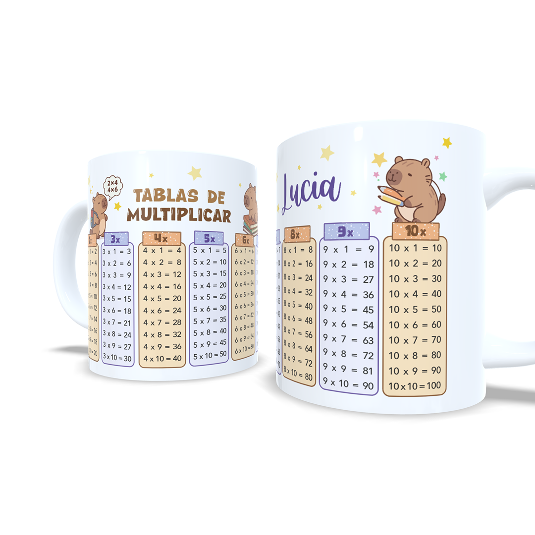 Taza tablas de multiplicar con nombre (Capibara)
