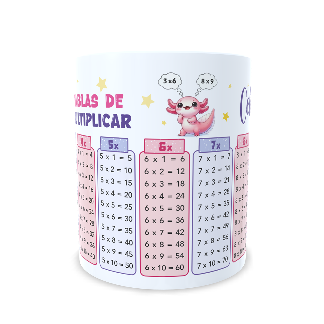 Taza tablas de multiplicar con nombre - Ajolote Axolotl