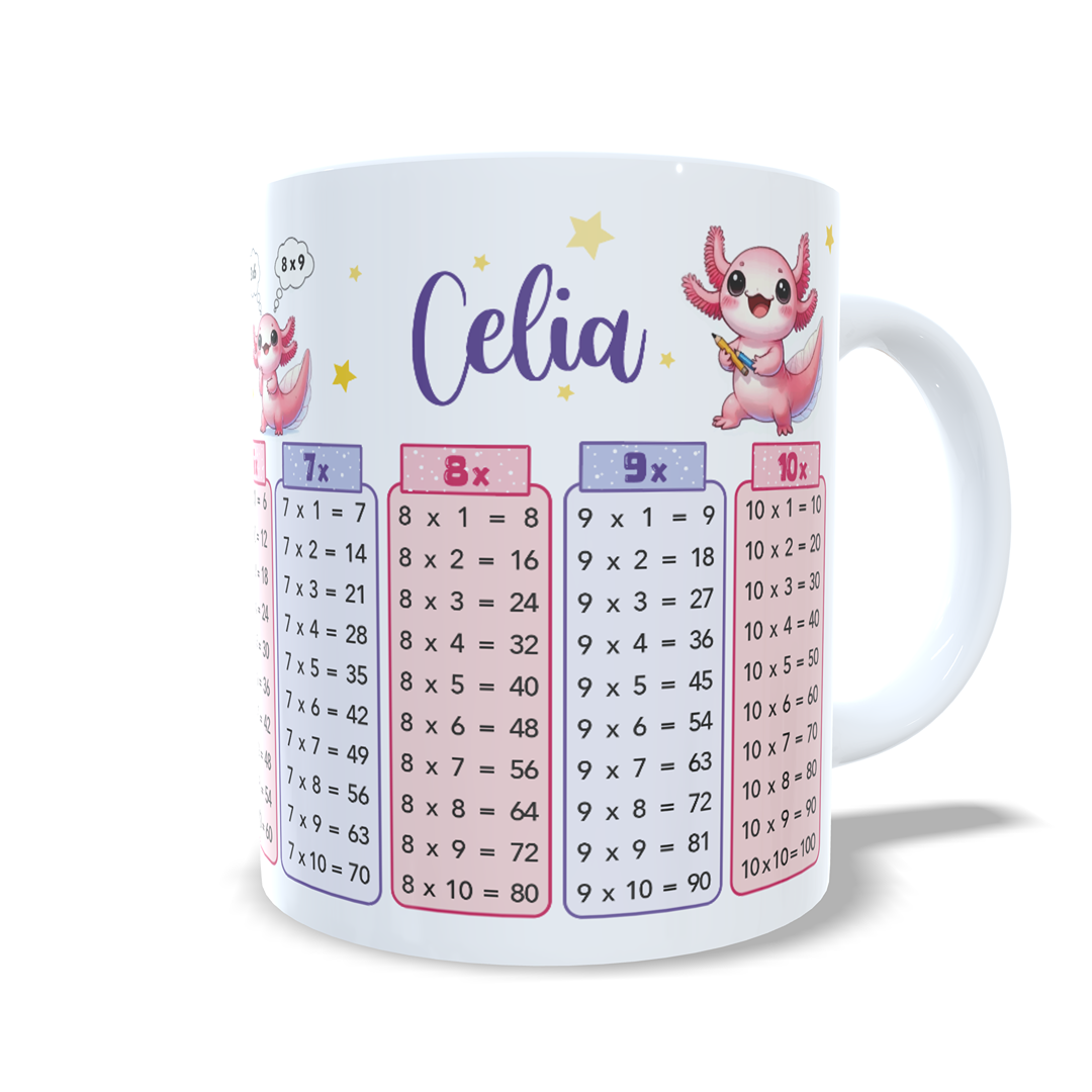 Taza tablas de multiplicar con nombre - Ajolote Axolotl