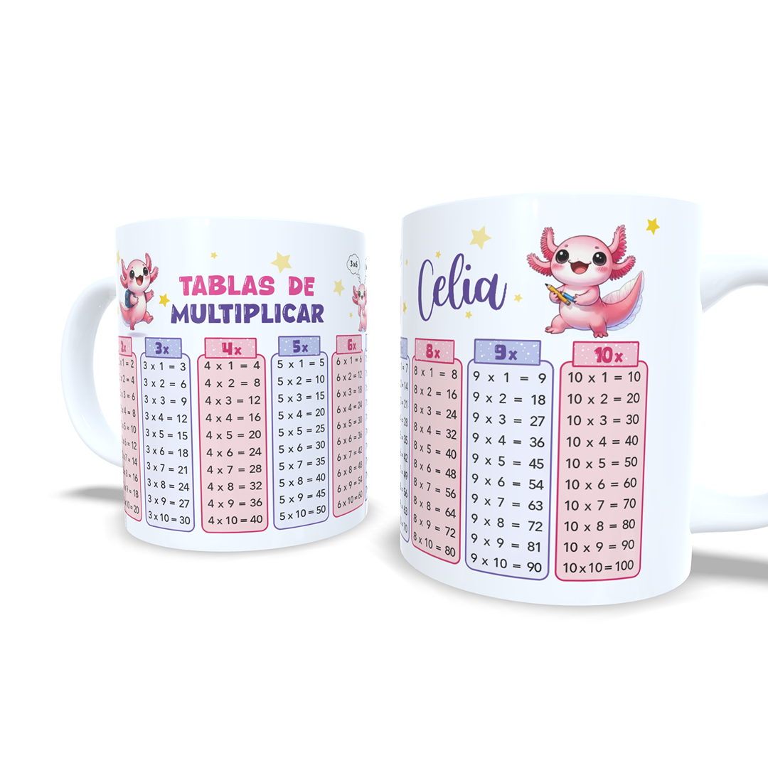 Taza tablas de multiplicar con nombre - Ajolote Axolotl