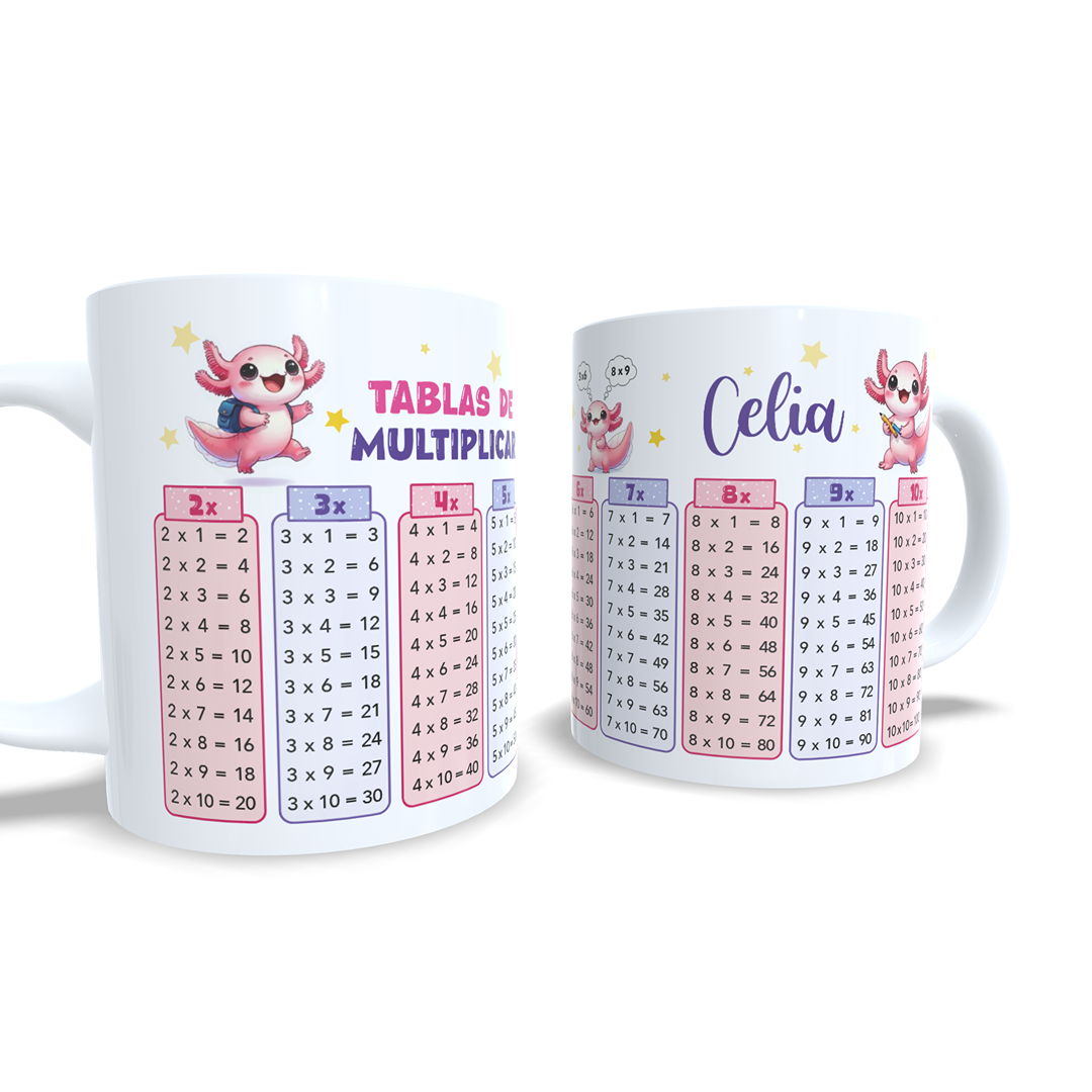 Taza tablas de multiplicar con nombre - Ajolote Axolotl