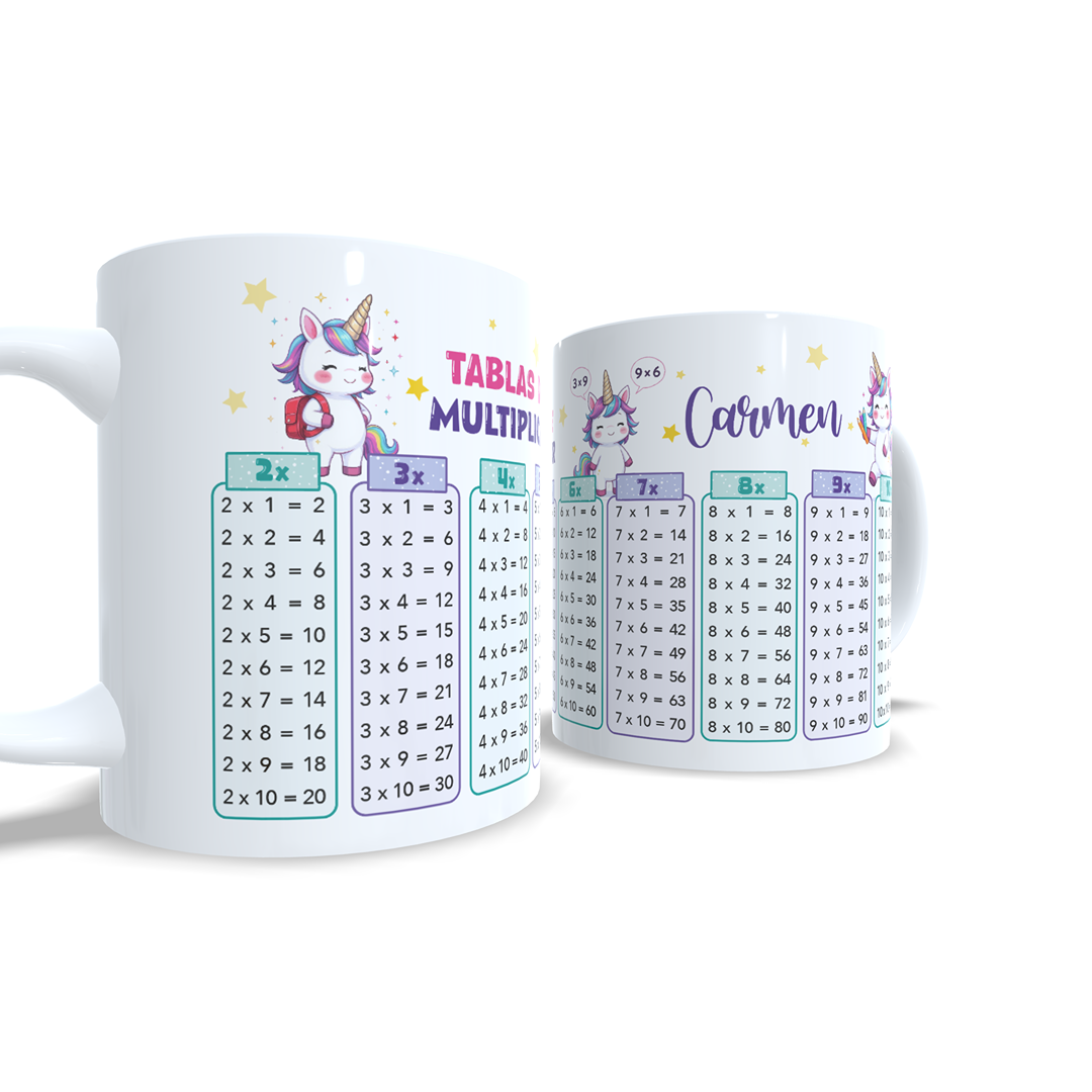 Taza tablas de multiplicar con nombre (Unicornios)