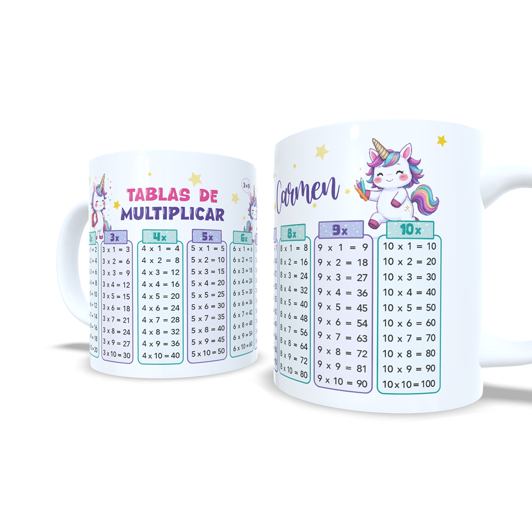 Taza tablas de multiplicar con nombre (Unicornios)