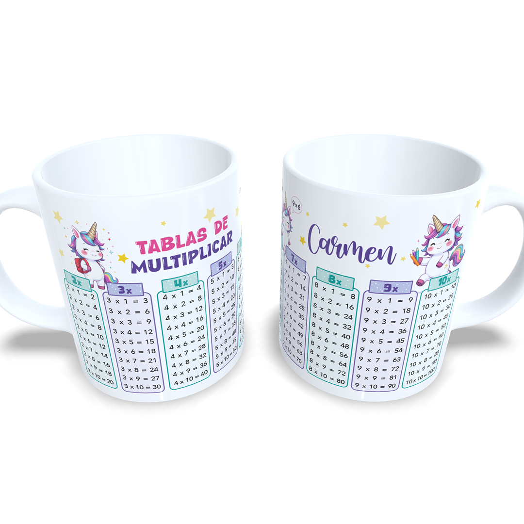 Taza tablas de multiplicar con nombre (Unicornios)