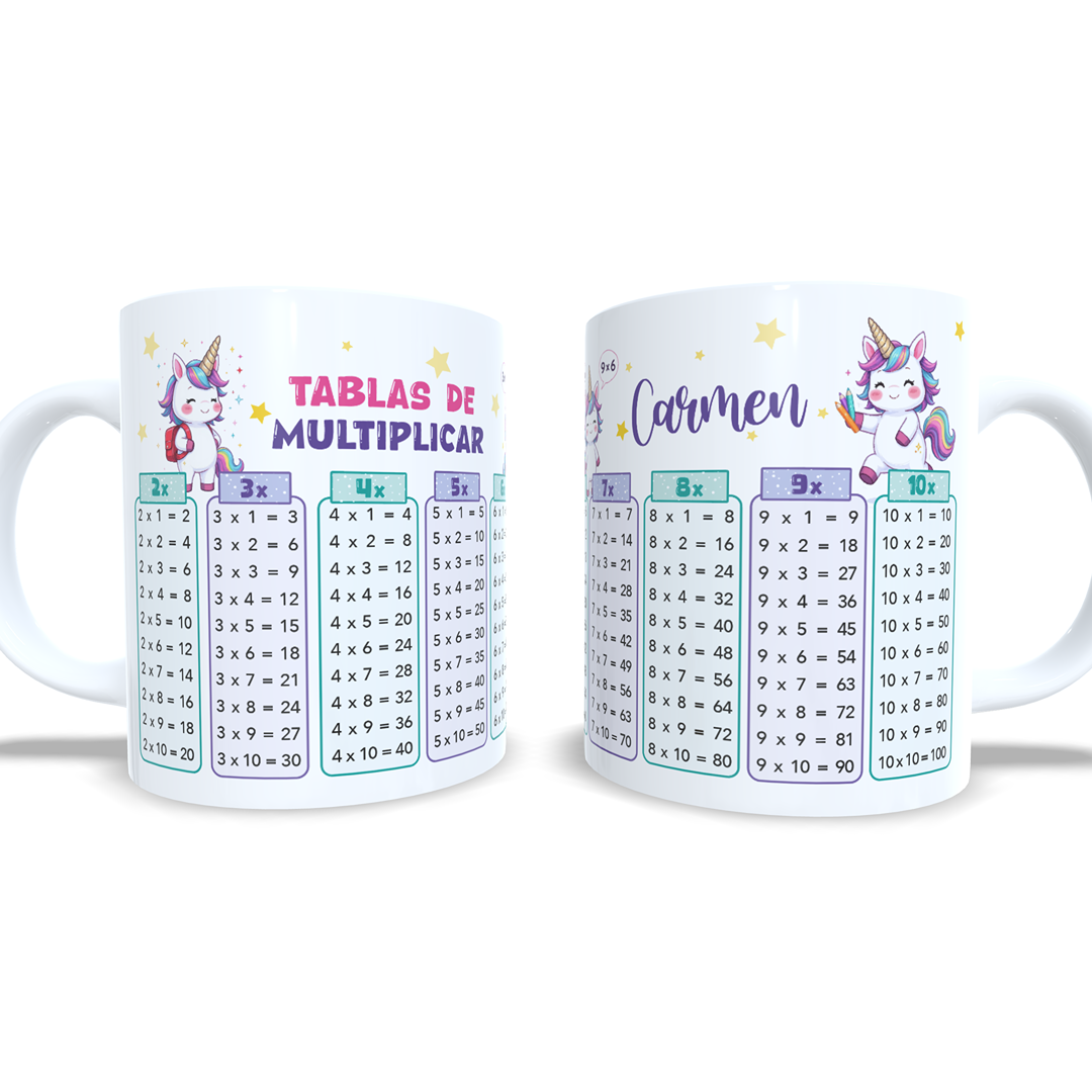 Taza tablas de multiplicar con nombre (Unicornios)