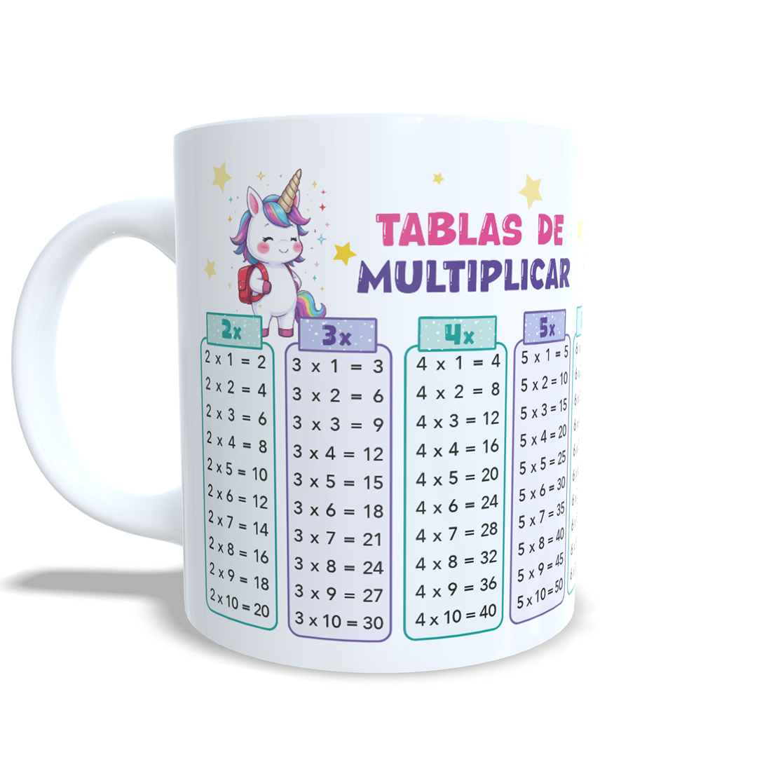 Taza tablas de multiplicar con nombre (Unicornios)