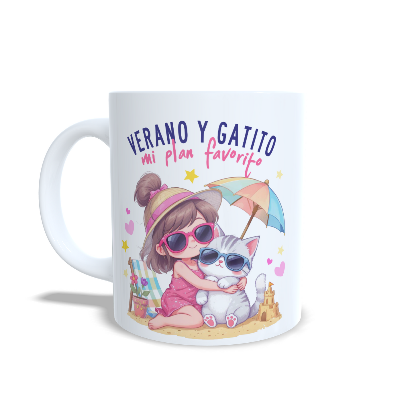Verano y gatito mi plan favorito - Niña morena gato - Taza personalizada