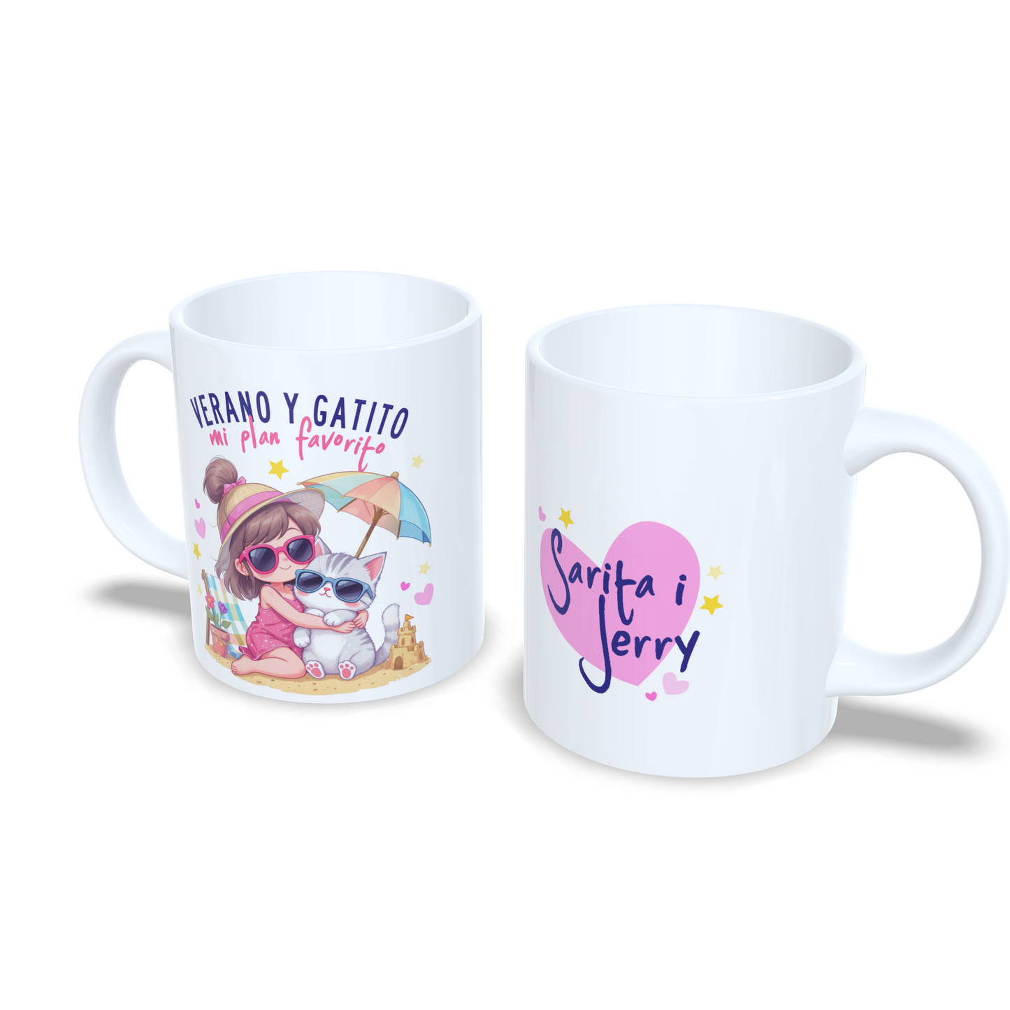 Verano y gatito mi plan favorito - Niña morena gato - Taza personalizada