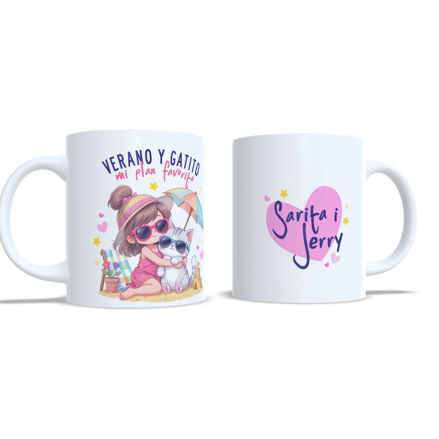 Verano y gatito mi plan favorito - Niña morena gato - Taza personalizada