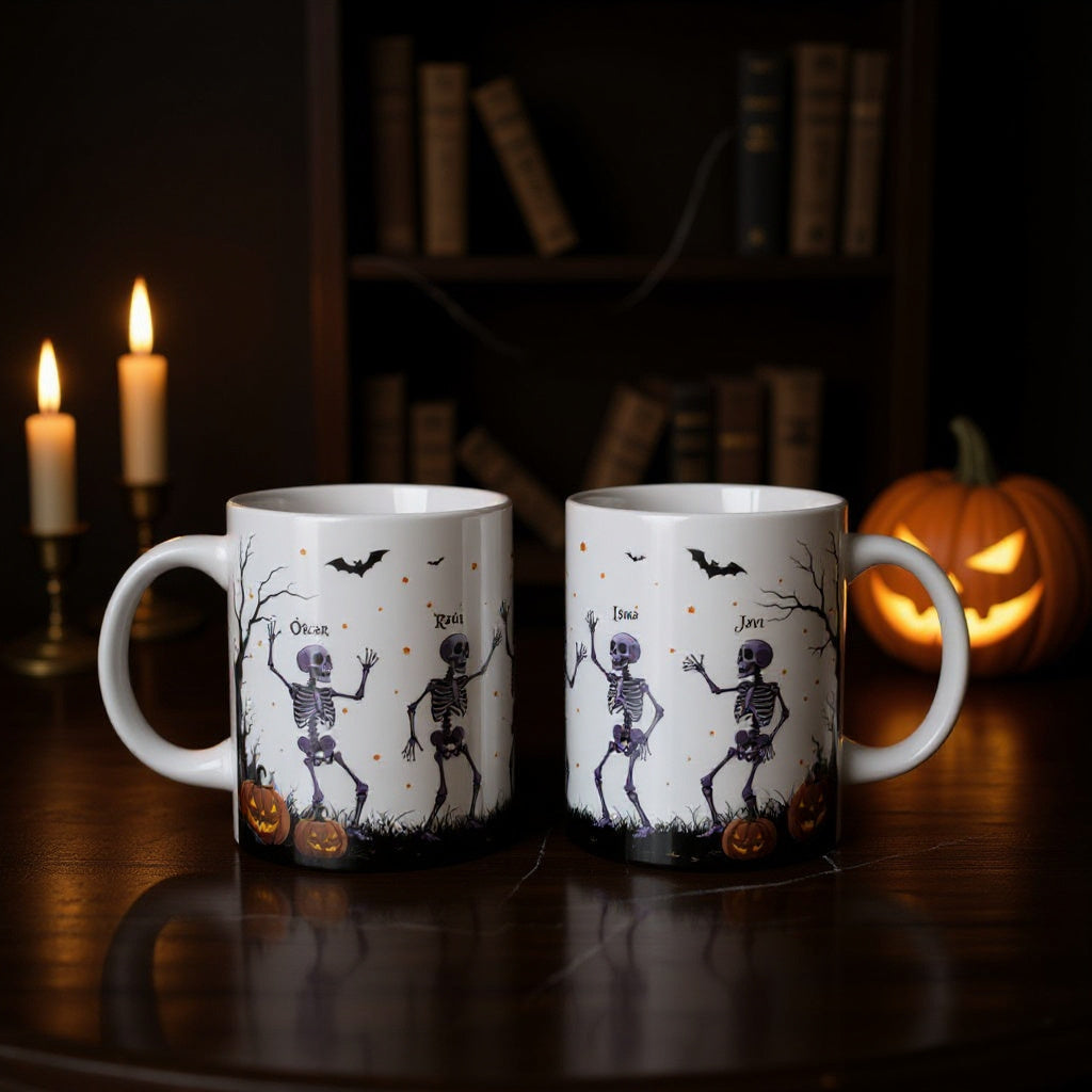 tazas personalizadades de halloween añade nombres esqueletos calabazas halloween enna blues