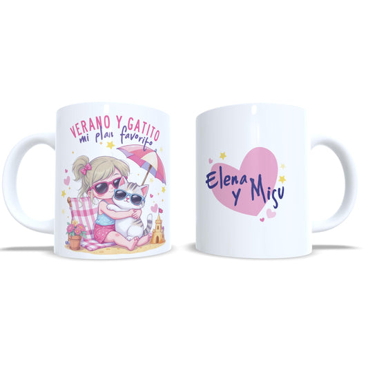 Verano y gatito mi plan favorito - Niña rubia gato - Taza personalizada