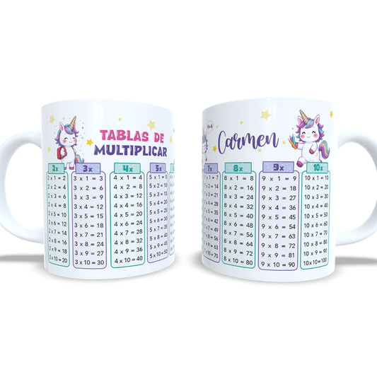 Taza tablas de multiplicar con nombre (Unicornios)