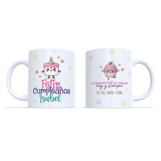 Feliz cumpleaños taza celebracion con dedicatoria
