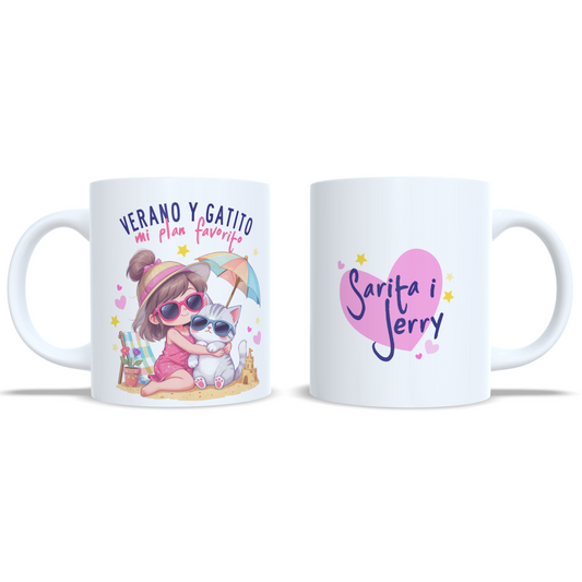 Verano y gatito mi plan favorito - Niña morena gato - Taza personalizada