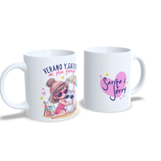 Verano y gatito mi plan favorito - Niña morena gato - Taza personalizada
