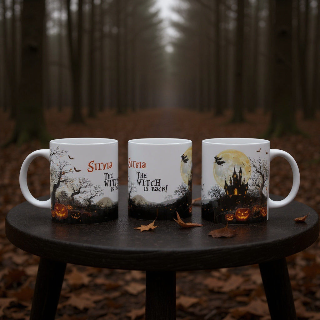 Tazas de halloween personalizadas con nombre bruja mansion encantada rivas vaciamadrid luna calabazas